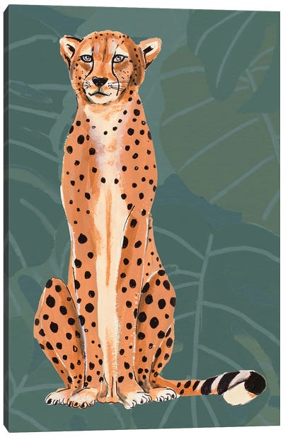 Retro Cheetah On Leaf Pattern Canvas Art Print - Cheetah Art