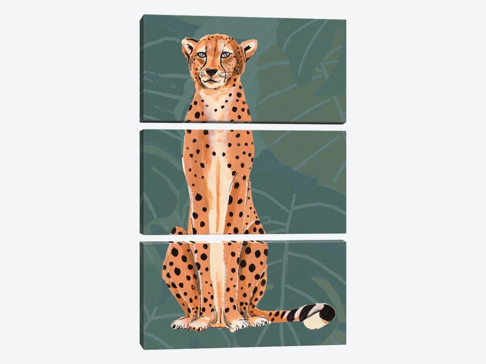 Retro Cheetah On Leaf Pattern by Patricia Pinto 3-piece Canvas Wall Art