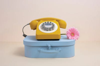 Blue Case And Yellow Phone With Flower by Pepino de Mar multi panel art
