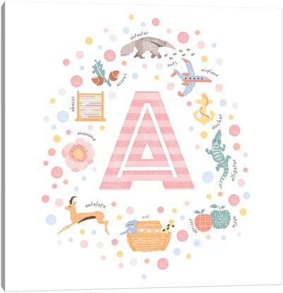 Illustrated Letter A Pink Canvas Art Print - Kids Educational Art