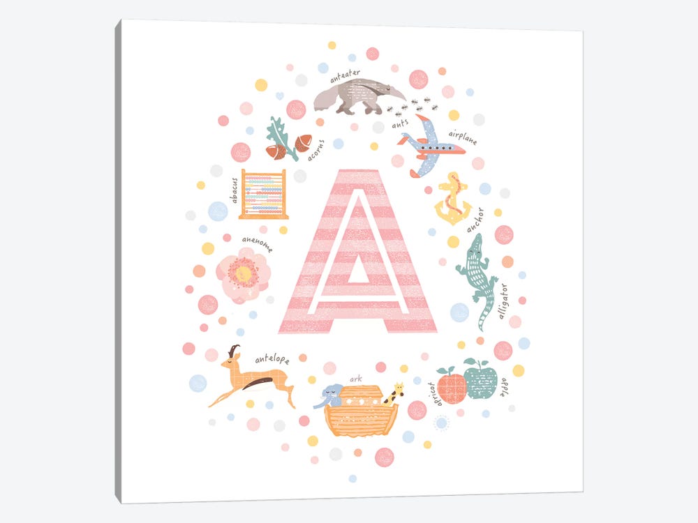 Illustrated Letter A Pink by PaperPaintPixels 1-piece Canvas Art