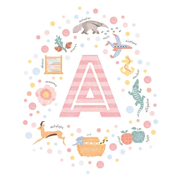 Kids Educational Art: Illustrated Letter A Pink by PaperPaintPixels