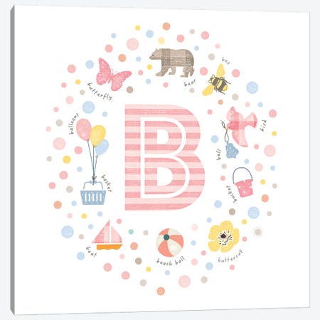 Illustrated Letter B Pink Canvas Print #PPX139} by PaperPaintPixels Canvas Wall Art
