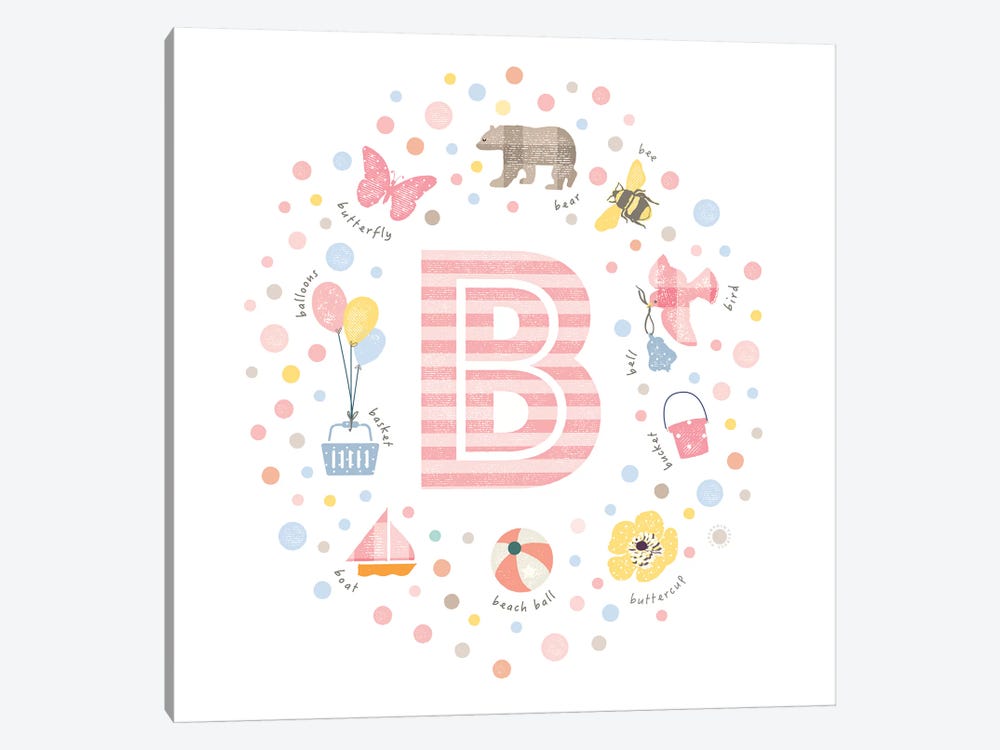 Illustrated Letter B Pink by PaperPaintPixels 1-piece Canvas Wall Art