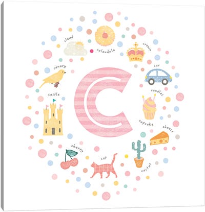 Illustrated Letter C Pink Canvas Art Print - Kids Educational Art