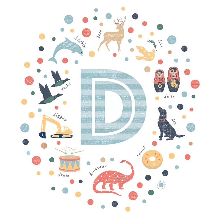 Illustrated Letter D Blue by PaperPaintPixels wall art