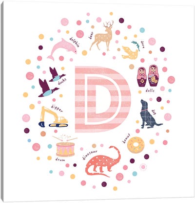 Illustrated Letter D Pink Canvas Art Print - PaperPaintPixels