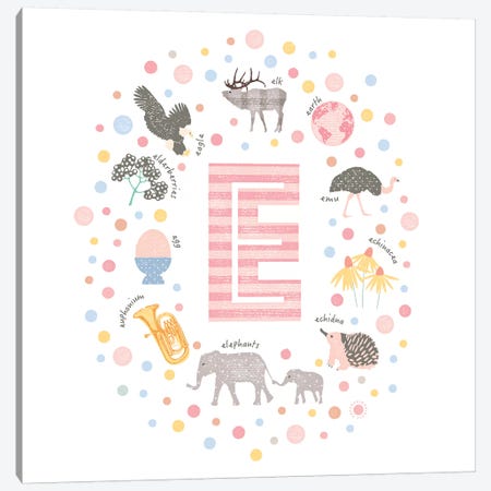 Illustrated Letter E Pink Canvas Print #PPX145} by PaperPaintPixels Canvas Artwork