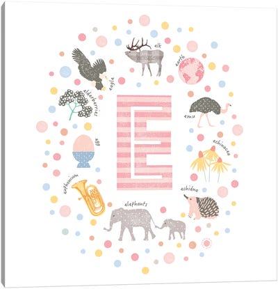 Illustrated Letter E Pink Canvas Art Print - Letter E