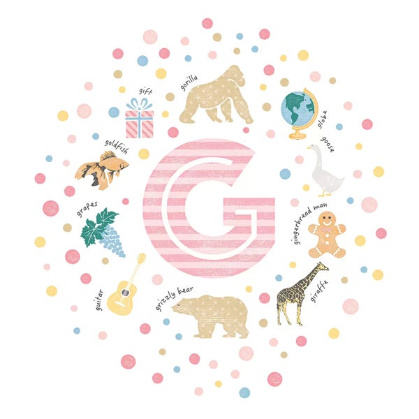 Kids Educational Art: Illustrated Letter G Pink by PaperPaintPixels