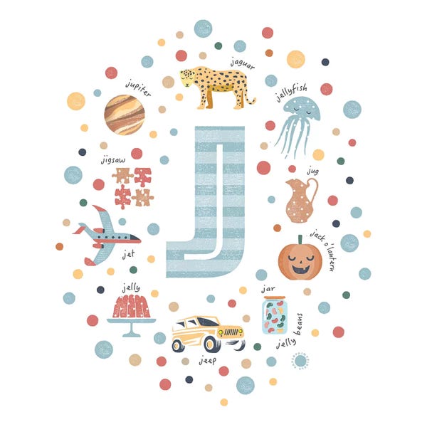 Kids Educational Art: Illustrated Letter J Blue by PaperPaintPixels