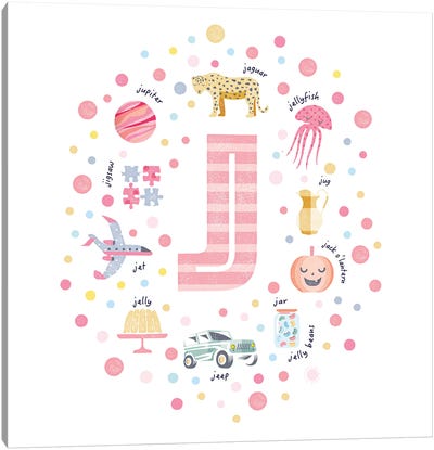 Illustrated Letter J Pink Canvas Art Print - PaperPaintPixels