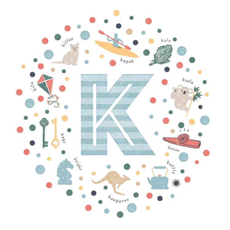 Illustrated Letter K Blue by PaperPaintPixels wall art
