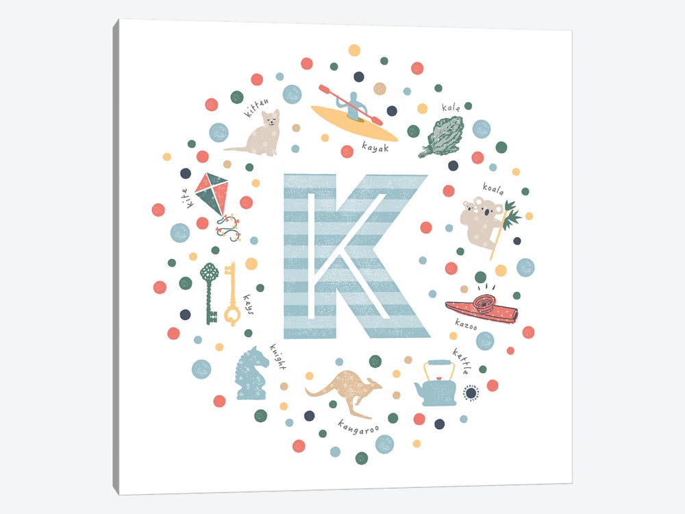 Illustrated Letter K Blue by PaperPaintPixels 1-piece Canvas Art Print