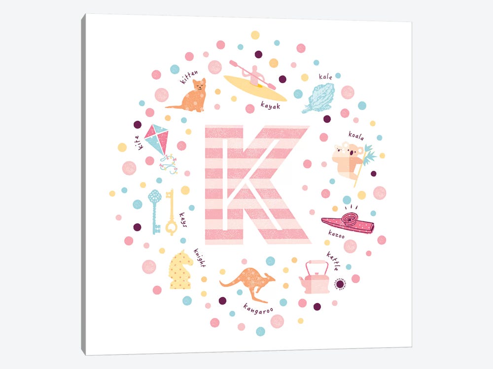 Illustrated Letter K Pink by PaperPaintPixels 1-piece Canvas Wall Art