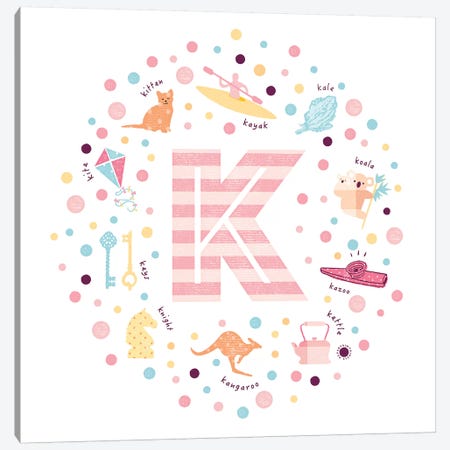 Illustrated Letter K Pink Canvas Print #PPX157} by PaperPaintPixels Art Print