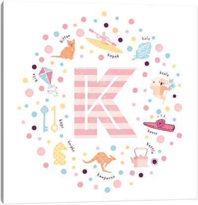 Illustrated Letter K Pink Canvas Art Print - Letter K