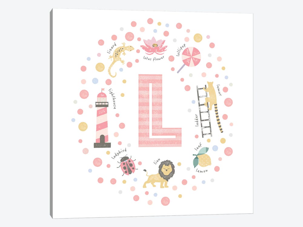 Illustrated Letter L Pink by PaperPaintPixels 1-piece Canvas Wall Art