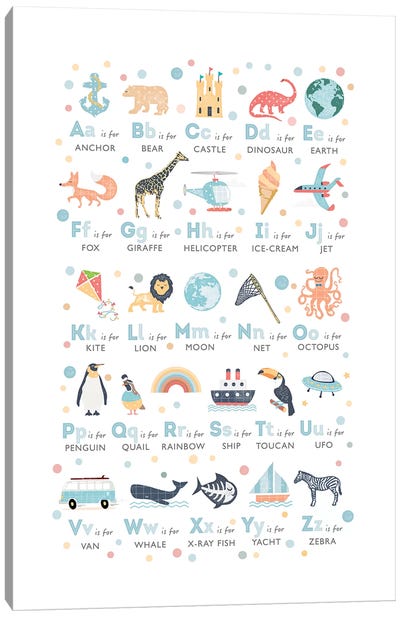 Boys Illustrated Alphabet Canvas Art Print - Baby Animal Art