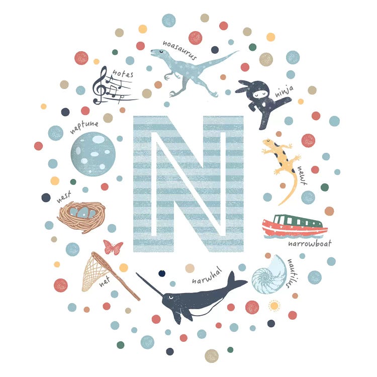 Illustrated Letter N Blue by PaperPaintPixels wall art