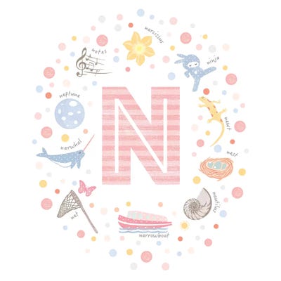 Illustrated Letter N Pink by PaperPaintPixels canvas print