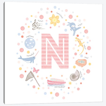 Illustrated Letter N Pink Canvas Print #PPX163} by PaperPaintPixels Art Print