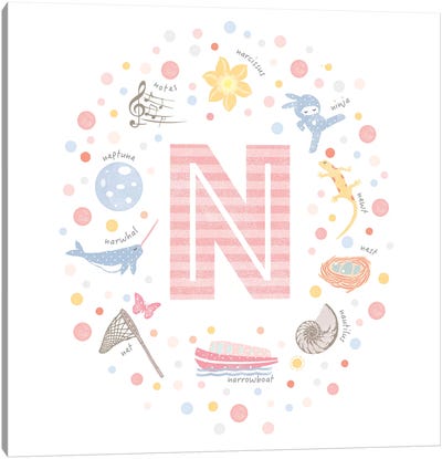 Illustrated Letter N Pink Canvas Art Print - PaperPaintPixels
