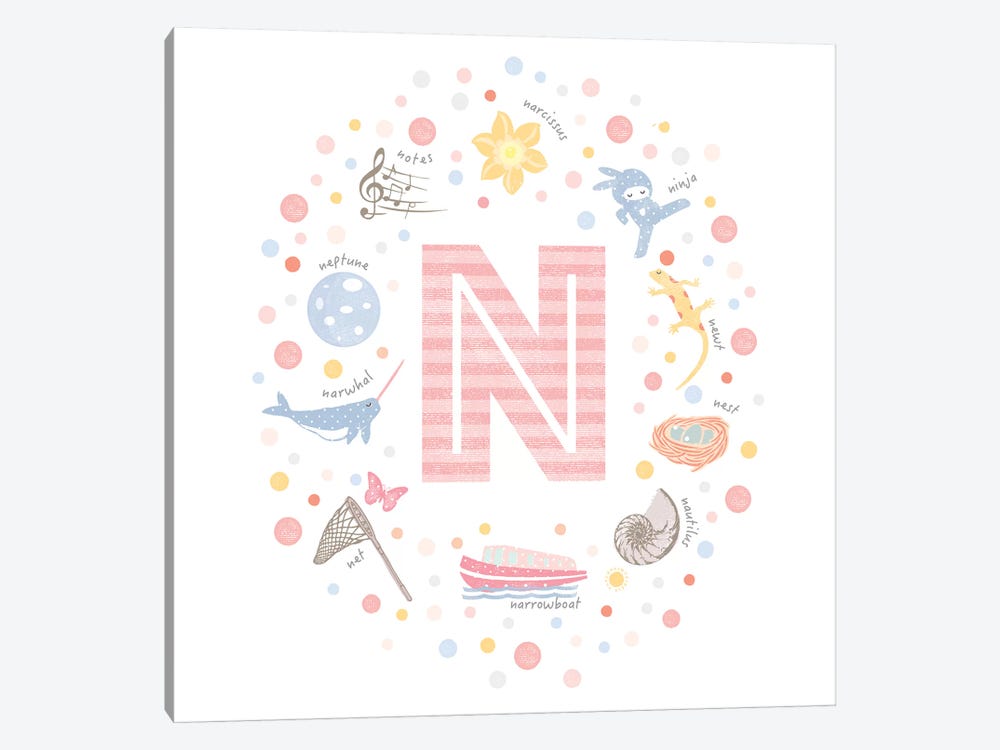 Illustrated Letter N Pink by PaperPaintPixels 1-piece Canvas Print