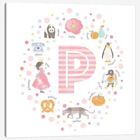 Illustrated Letter P Pink Canvas Print #PPX167} by PaperPaintPixels Canvas Art