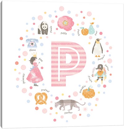 Illustrated Letter P Pink Canvas Art Print - Alphabet Art