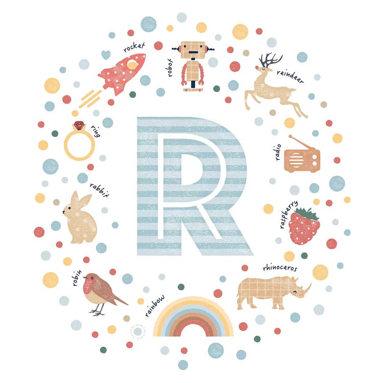Illustrated Letter R Blue by PaperPaintPixels wall art