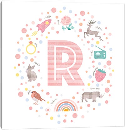 Illustrated Letter R Pink Canvas Art Print - Kids Educational Art