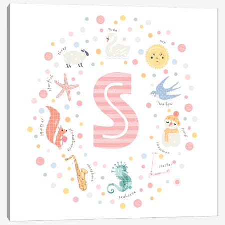 Illustrated Letter S Pink Canvas Print #PPX171} by PaperPaintPixels Canvas Art