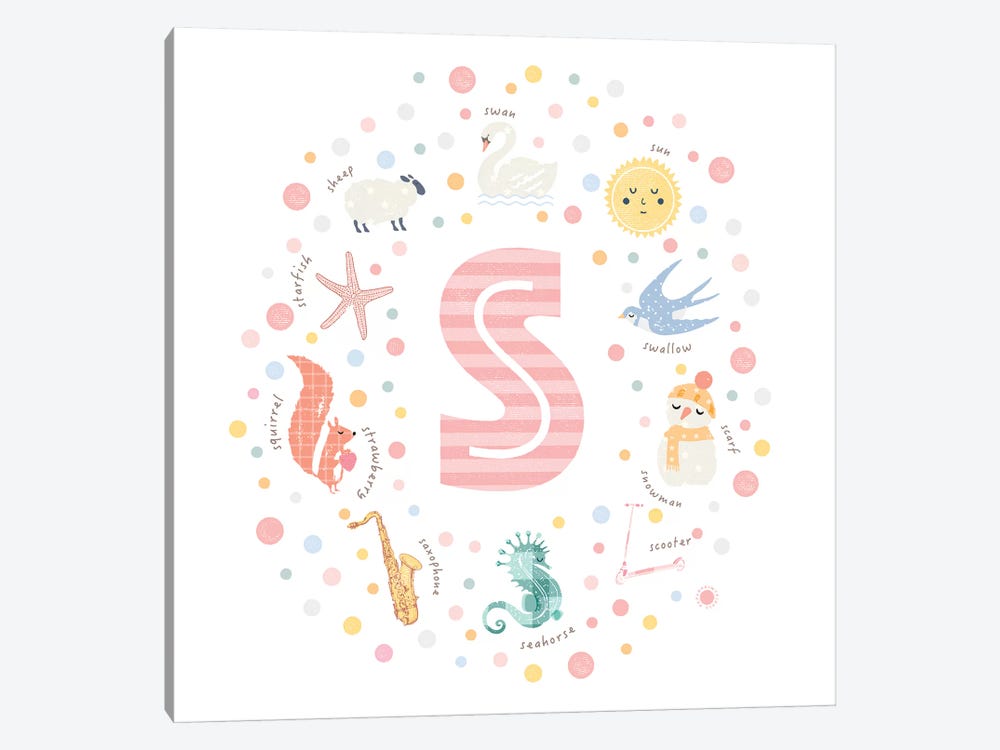 Illustrated Letter S Pink by PaperPaintPixels 1-piece Canvas Wall Art