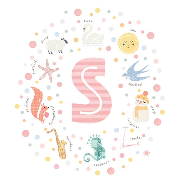Alphabet: Illustrated Letter S Pink by PaperPaintPixels