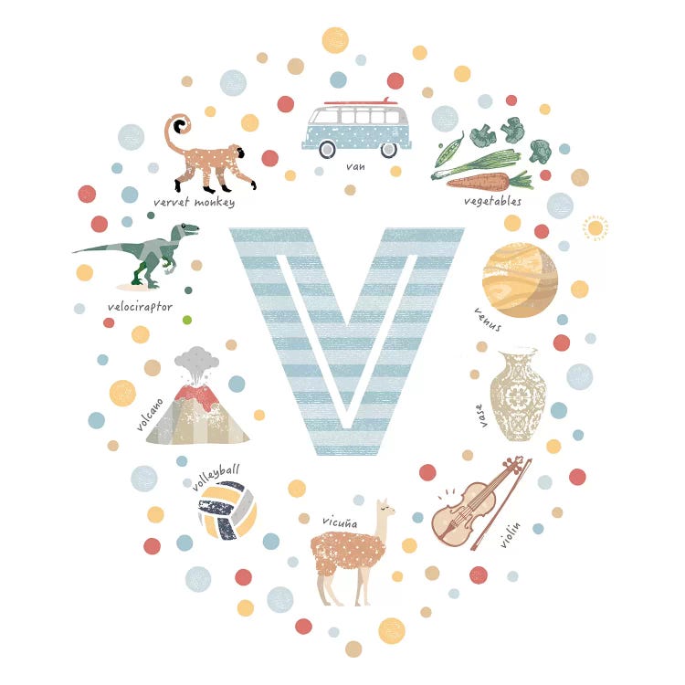 Illustrated Letter V Blue by PaperPaintPixels wall art