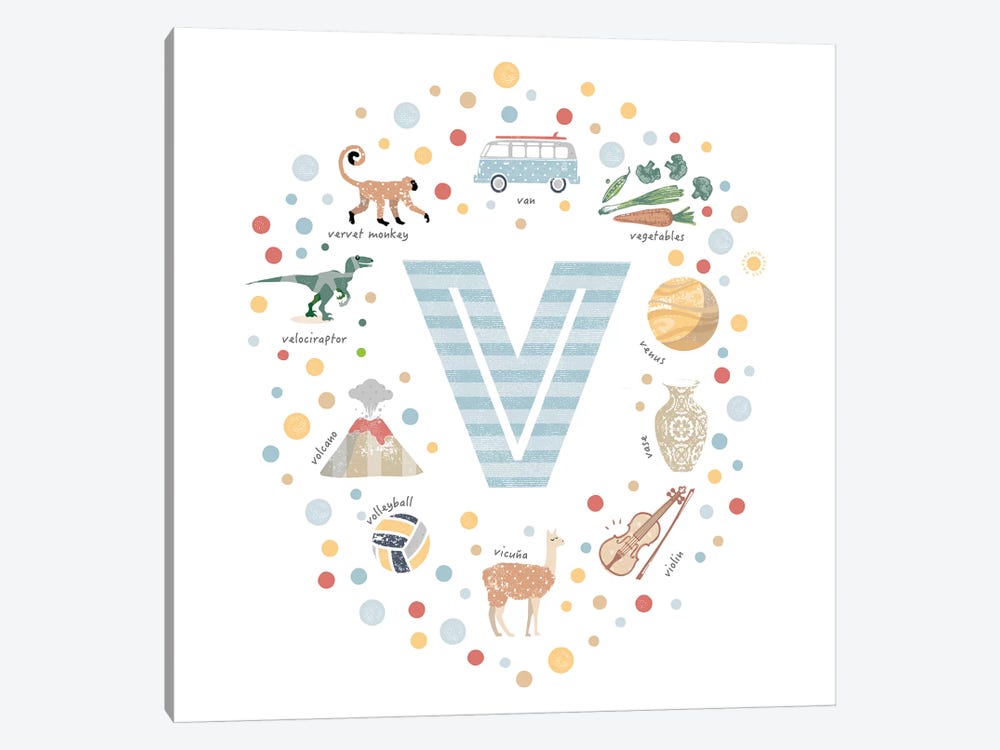 Illustrated Letter V Blue by PaperPaintPixels 1-piece Canvas Print