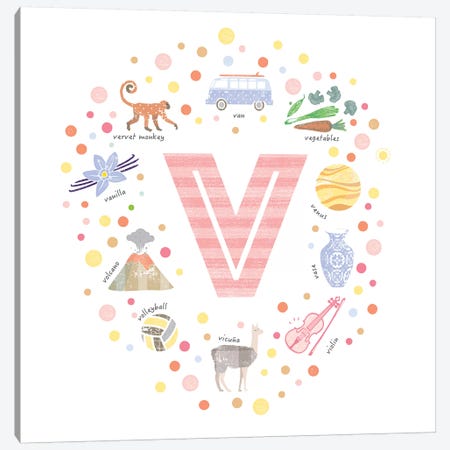 Illustrated Letter V Pink Canvas Print #PPX175} by PaperPaintPixels Canvas Art Print