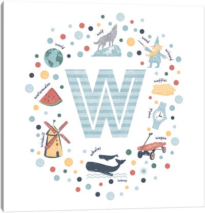 Illustrated Letter W Blue Canvas Art Print - Letter W