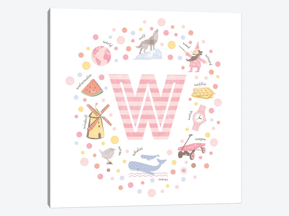 Illustrated Letter W Pink by PaperPaintPixels 1-piece Canvas Artwork