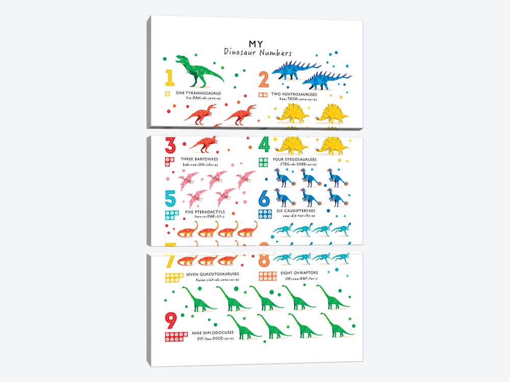 Bright Dinosaur Numbers by PaperPaintPixels 3-piece Canvas Print