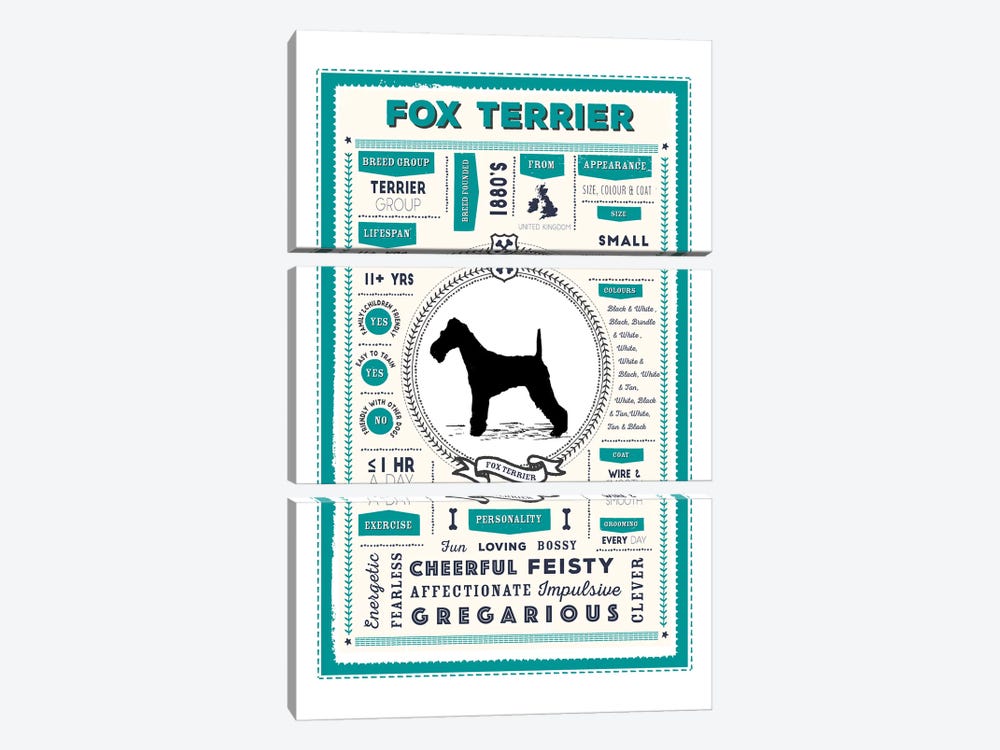 Fox Terrier Infographic Blue by PaperPaintPixels 3-piece Canvas Wall Art