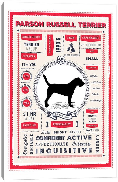 Parson Russell Terrier Infographic Red Canvas Art Print - PaperPaintPixels