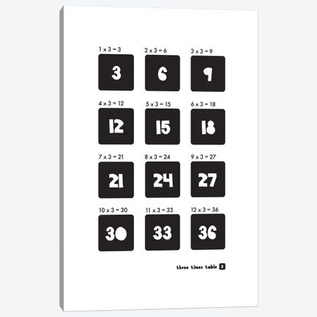 Black And White Times Tables - 3 Canvas Print #PPX296} by PaperPaintPixels Canvas Artwork