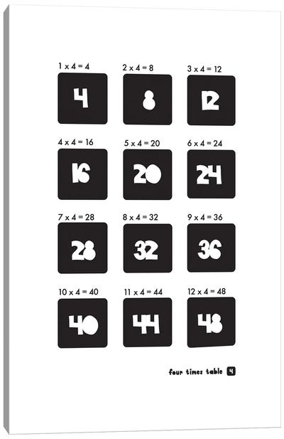 Black And White Times Tables - 4 Canvas Art Print - Mathematics Art