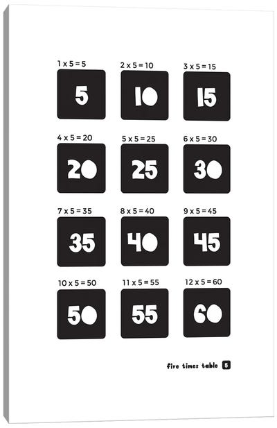 Black And White Times Tables - 5 Canvas Art Print - Mathematics Art