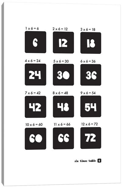 Black And White Times Tables - 6 Canvas Art Print - Number Art