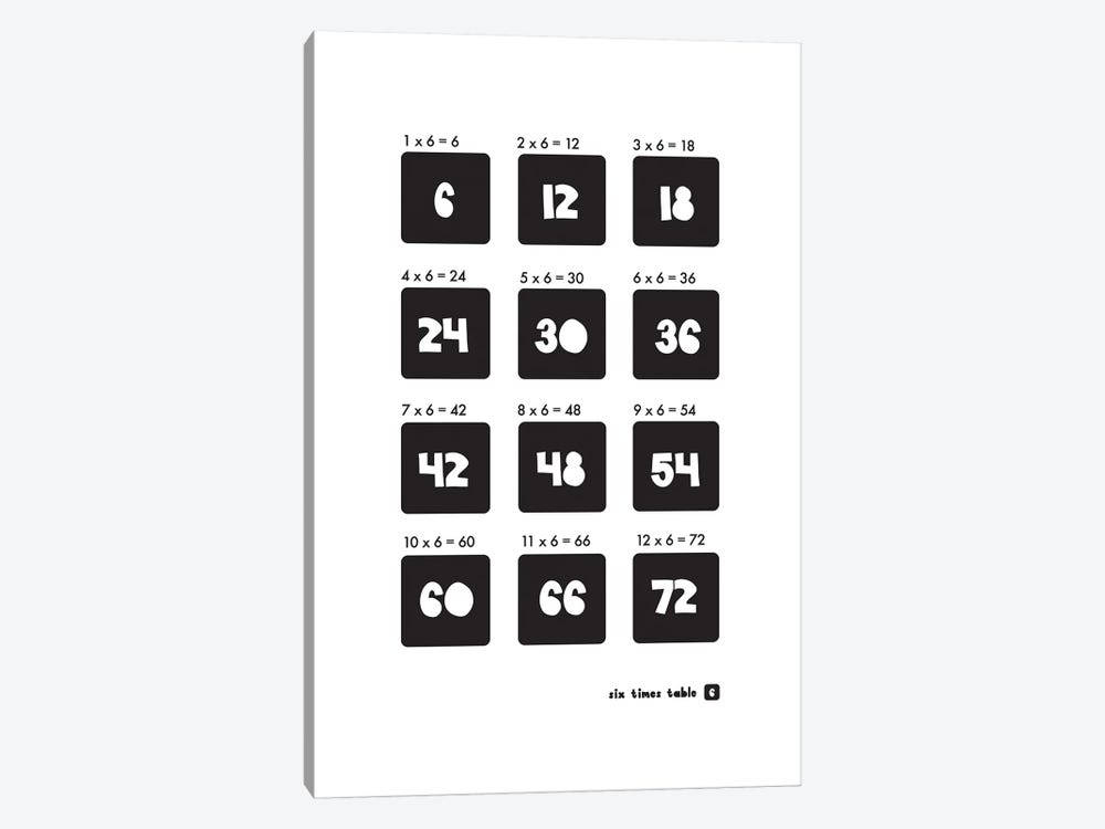 Black And White Times Tables - 6 by PaperPaintPixels 1-piece Canvas Art