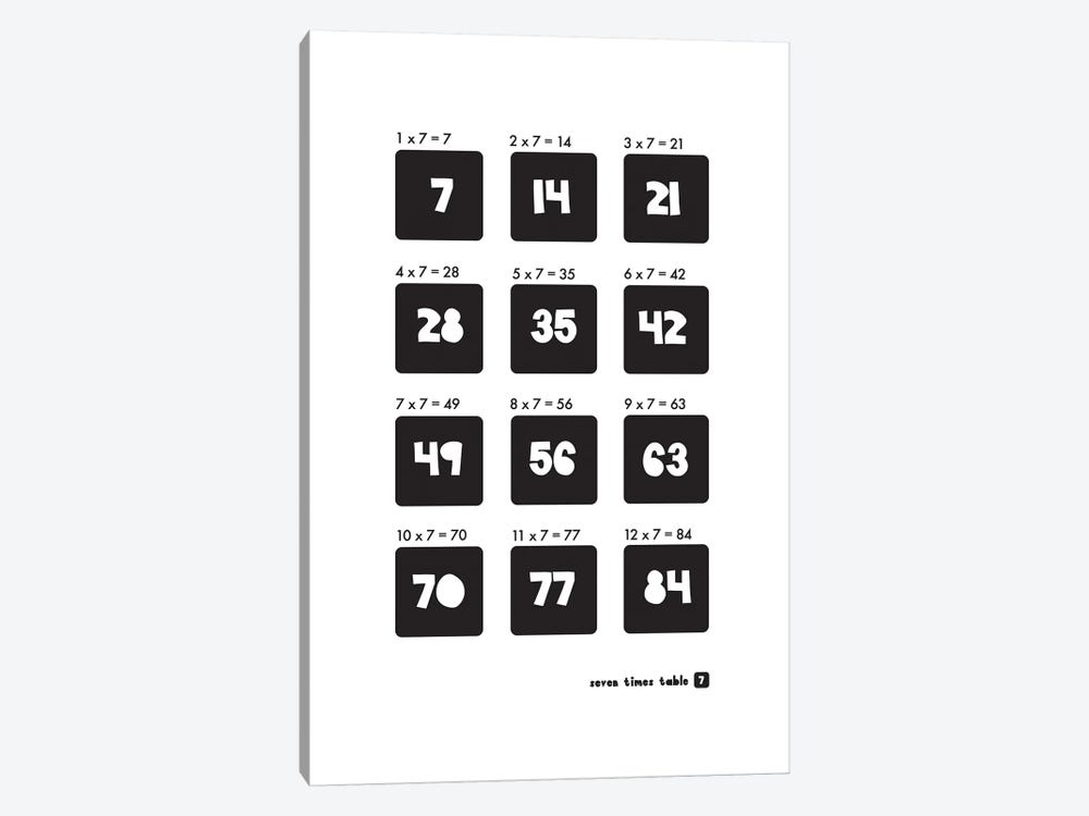 Black And White Times Tables - 7 by PaperPaintPixels 1-piece Canvas Art Print