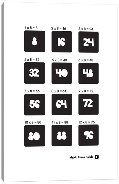 Black And White Times Tables - 8 Canvas Art Print - Mathematics Art